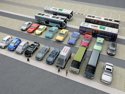 Various Colored Cars Buses Vans and Trucks in Organized Parking Area 3d model