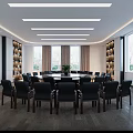 Modern Conference Room With Round Table Black Chairs Wooden Floor Large Windows And Linear Lights