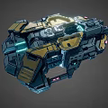Futuristic Cosmic Aerospace Spacecraft Module With Metallic Structure Blue And Gold Lights Mechanical Design