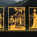 Garden Landscape With Golden Carved Screens Ancient Figures And Mountain Background