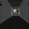 Modern Elevator Lobby Interior With Mirror Walls LED Lights Circular Art And Decorative Sculptures