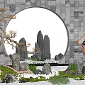 Traditional Chinese Courtyard Garden Featuring Circular Archway Gray Stone Wall Rock Formations And Pine Tree