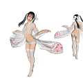 Elegant Woman in Sheer Robe with Flowing Sleeves Bow Hair Accessory and White Stockings