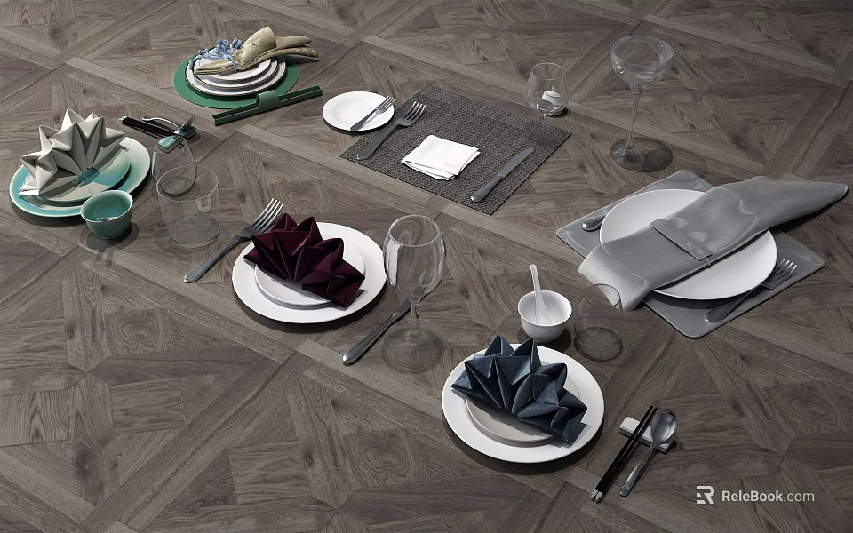 Elegant Tableware Set With Plates Cutlery Napkins Mugs Wine Glasses And Placemats On Wooden Floor 3d model 