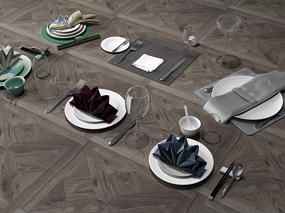 Elegant Tableware Set With Plates Cutlery Napkins Mugs Wine Glasses And Placemats On Wooden Floor 3d model