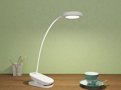 White Curved Table Lamp with Round Illuminated Shade on Wooden Table Against Green Wall 3d model