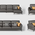Modern Gray Sofa Set with Three Seater Single Seater and Orange Gray Throw Pillows 3d model