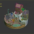 Modern Scene Miniature Architectural Model With Red Brick Buildings Blue Roof Pond And Street Lamp