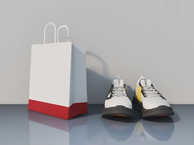 White Shopping Bag Red Bottom and White Sneakers with Yellow Black Details on Grey Background 3d model