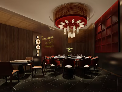 Elegant Private Dining Room With Round Table Chairs Mahogany Walls And Red Chandelier 3d model