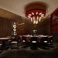 Elegant Private Dining Room With Round Table Chairs Mahogany Walls And Red Chandelier
