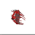 Red Mechanical Structure with Intricate Metallic Components and Geometric Shapes Against Dark Blue Background