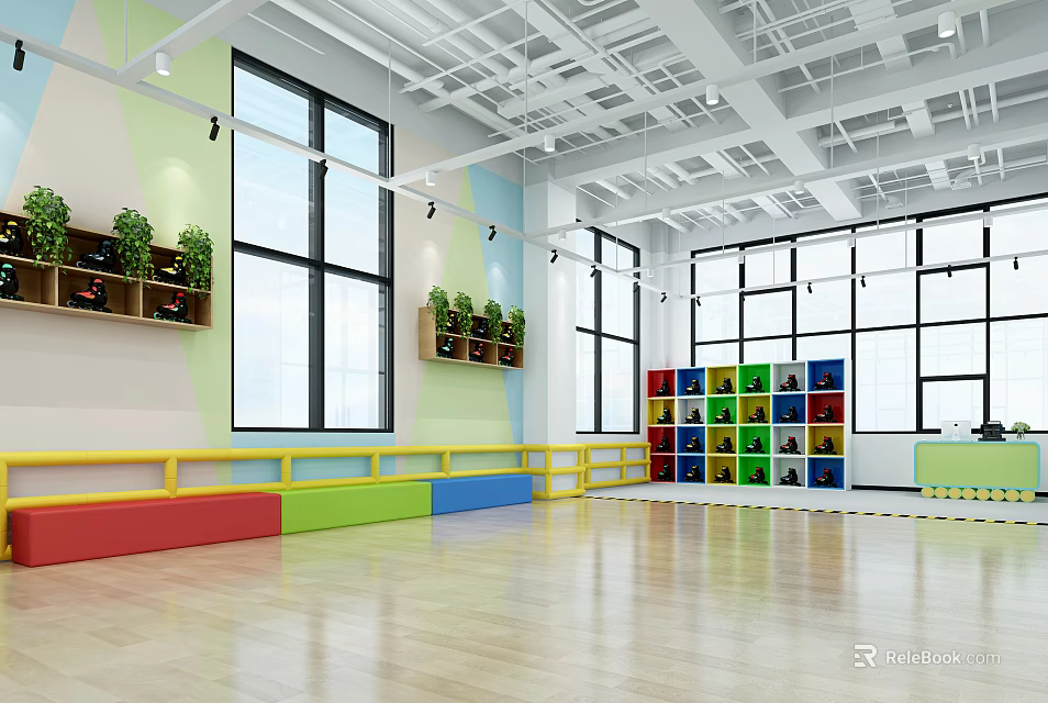 School Activity Room Spacious Interior With Large Windows Plant Shelves Colorful Lockers And Wooden Flooring 3d model 