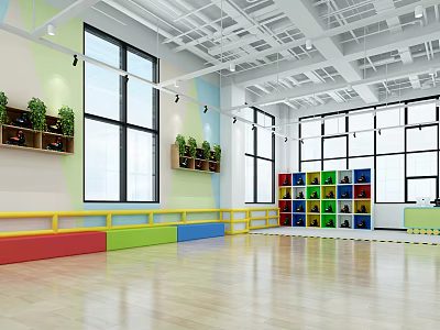 School Activity Room Spacious Interior With Large Windows Plant Shelves Colorful Lockers And Wooden Flooring 3d model