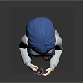 3D Model Character With Blue Hair Gray Coat Black Pants Pink Boots Holding A Cup