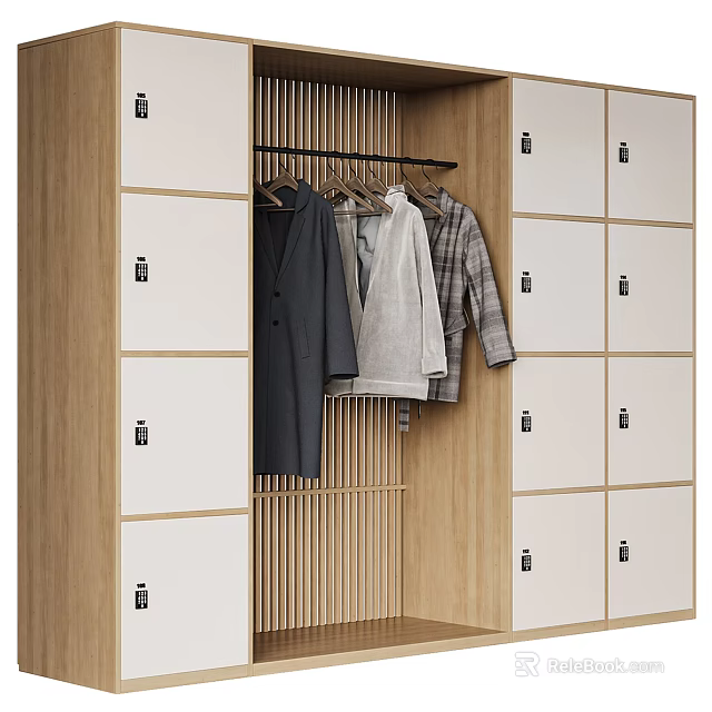 Sleek Modern Wooden And White Wardrobe Design With Hanging Rod And Locked Cabinets 3d model 