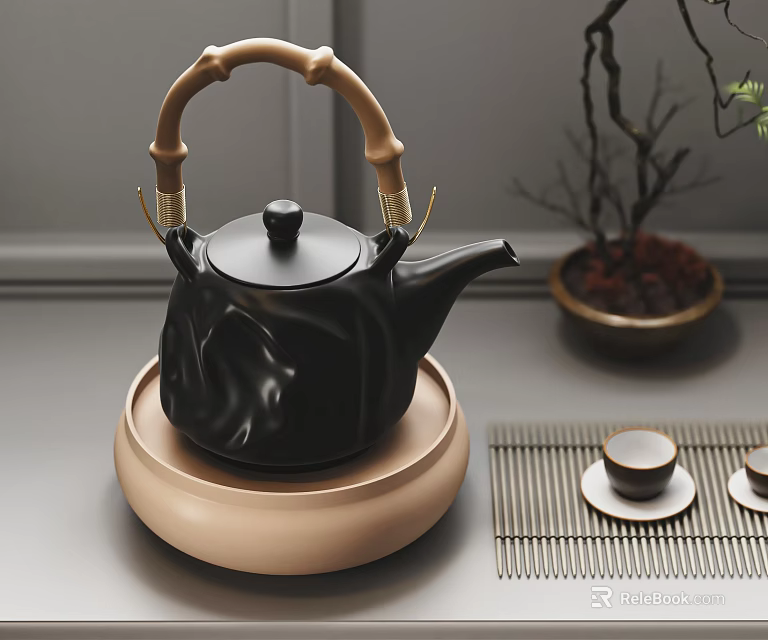 Elegant Black Teapot With Bamboo Handle And Beige Base Including Tea Cups On Bamboo Mat 3d model 