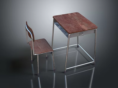 Wooden Top Table and Chair Furniture Set with Metal Legs and Brown Finish 3d model