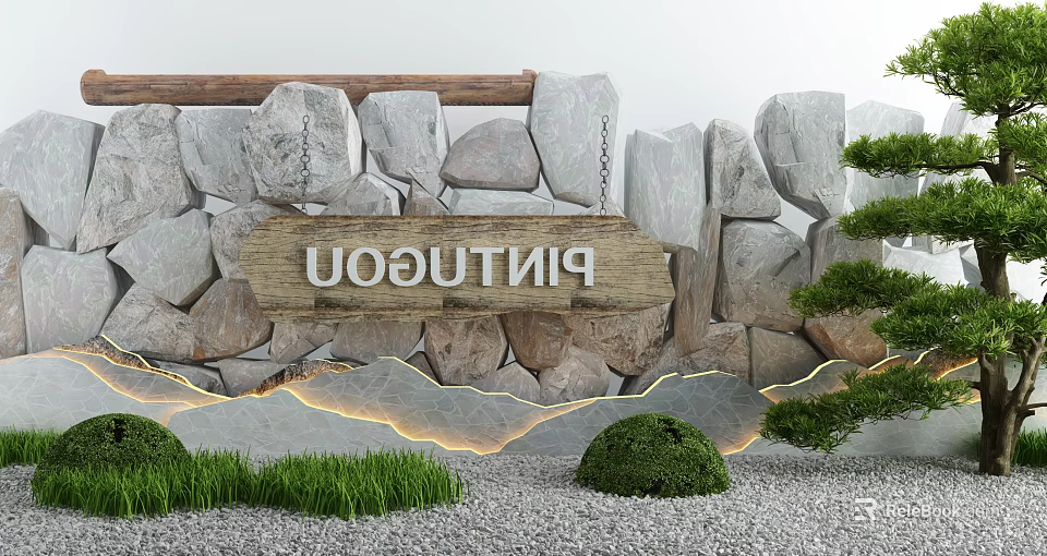 Garden Ornament With Natural Stone Wall Wooden Sign Lush Grass Small Shrubs And Gravel Ground 3d model 