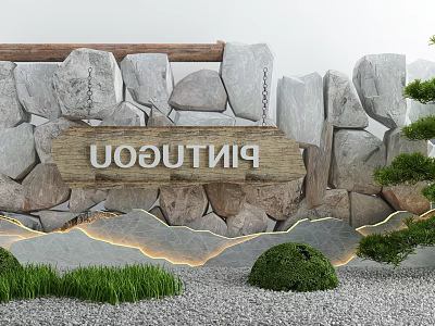 Garden Ornament With Natural Stone Wall Wooden Sign Lush Grass Small Shrubs And Gravel Ground 3d model
