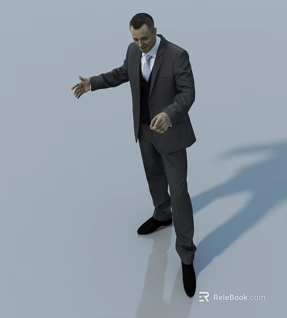 Man In Formal Suit Standing With Outstretched Hand On Reflective Floor 3d model 