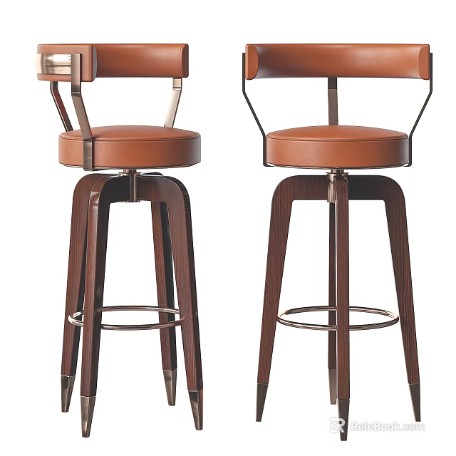 Brown Leather Bar Stools With Wooden Legs And Metal Frame Swivel Design 3d model 