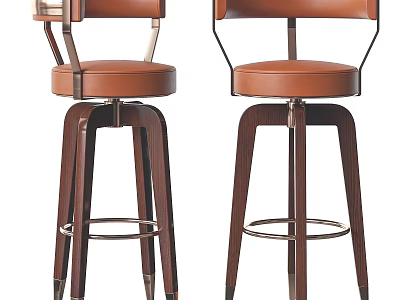 Brown Leather Bar Stools With Wooden Legs And Metal Frame Swivel Design 3d model