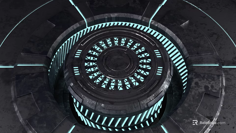Futuristic Sci Fi Circular Structure With Neon Blue Glowing Lines And Metallic Geometric Patterns 3d model 