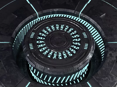 Futuristic Sci Fi Circular Structure With Neon Blue Glowing Lines And Metallic Geometric Patterns 3d model