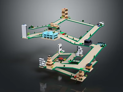 Modern City 3D Model Layout With Roads Buildings Vehicles And Green Areas 3d model