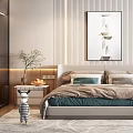 Modern Elegant Bedroom Interior Design With Striped Walls Abstract Painting And Accent Chair
