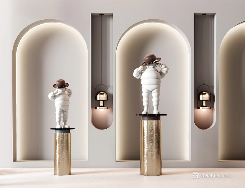 White Sculptures Wearing Brown Hats On Golden Pillars Against White Archway Walls With Lamps 3d model 