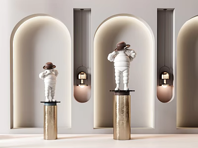 White Sculptures Wearing Brown Hats On Golden Pillars Against White Archway Walls With Lamps 3d model