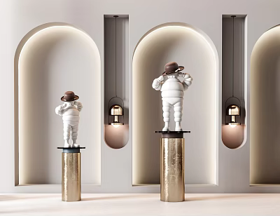 White Sculptures Wearing Brown Hats On Golden Pillars Against White Archway Walls With Lamps 3d model