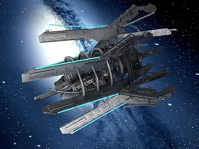 Futuristic Large Spaceship With Glowing Blue Accents In Galaxy Starry Background 3d model