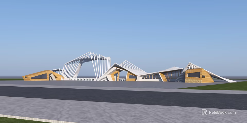 Modern Geometric Building Facade With Wood And Metal Structure Sloped Roof Lines 3d model 