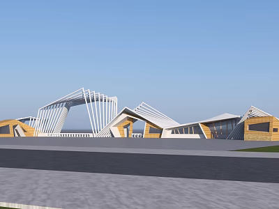 Modern Geometric Building Facade With Wood And Metal Structure Sloped Roof Lines 3d model