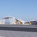 Modern Geometric Building Facade With Wood And Metal Structure Sloped Roof Lines