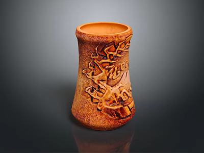 Brown Ceramic Decorative Furniture Vase With Intricate Carved Patterns And Rustic Style 3d model