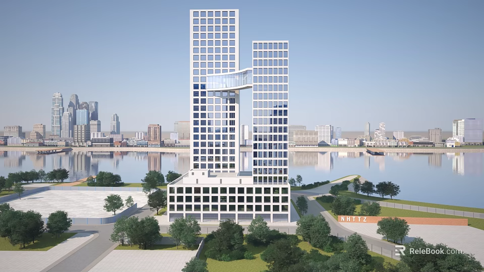Modern Office Skyscraper With Sky Bridge Surrounded By Trees Near River And City Skyline 3d model 