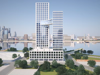 Modern Office Skyscraper With Sky Bridge Surrounded By Trees Near River And City Skyline 3d model