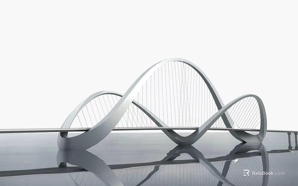 Modern Road Bridge With Elegant Arch Design And Cable Stayed Structure On Reflective Water 3d model