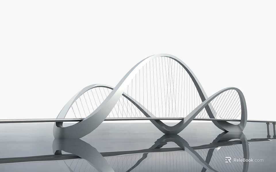 Modern Road Bridge With Elegant Arch Design And Cable Stayed Structure On Reflective Water 3d model 