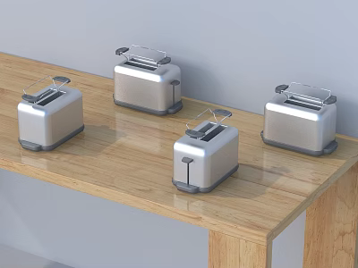 Four Stainless Steel Toasters on Wooden Countertop Modern Kitchen Appliances 3d model
