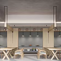 Modern Restaurant Interior Featuring Wooden Partitions Long Dining Table Display Shelves And Green Plant