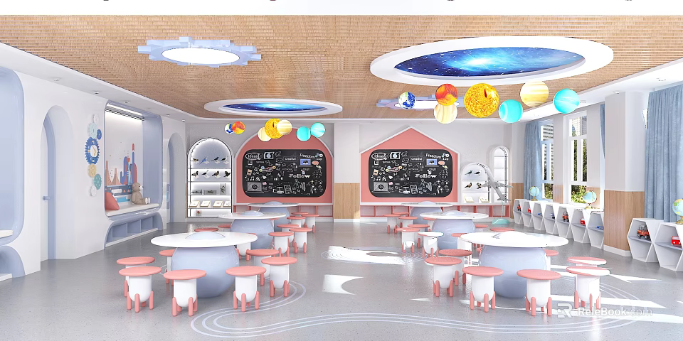 Kindergarten Classroom With Starry Ceiling Cloud Lights And Colorful Decorations 3d model 