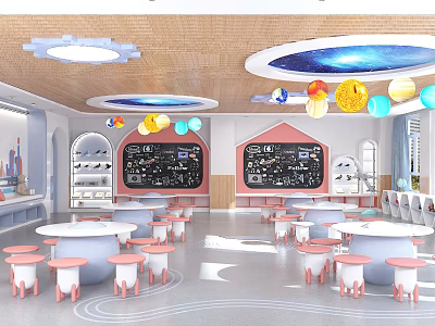 Kindergarten Classroom With Starry Ceiling Cloud Lights And Colorful Decorations 3d model