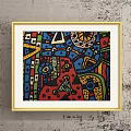 Golden Framed Abstract Artwork With Red Background Spiral Pattern Eye Motifs And Moon Shape