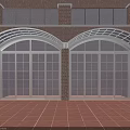 Arched Glass Entrance Gate Of Red Brick Building With Tiled Courtyard And Wooden Fence