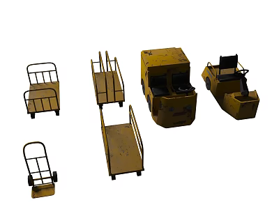 Various Yellow Industrial Logistics Equipment Including Hand Truck Forklift Forks And Seat 3d model